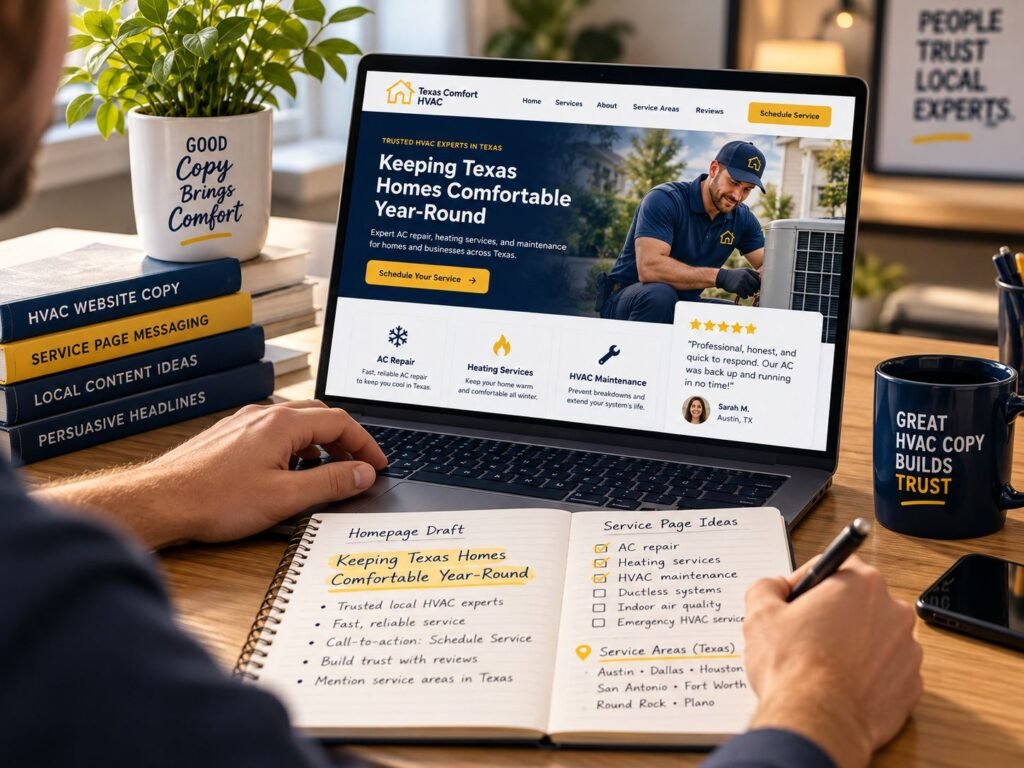 HVAC SEO copywriting strategy for Texas HVAC companies with conversion-focused website content, service pages, and customer-focused messaging.