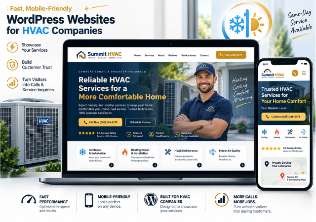 HVAC WordPress website design for Texas HVAC companies with mobile-friendly service pages and lead generation features.