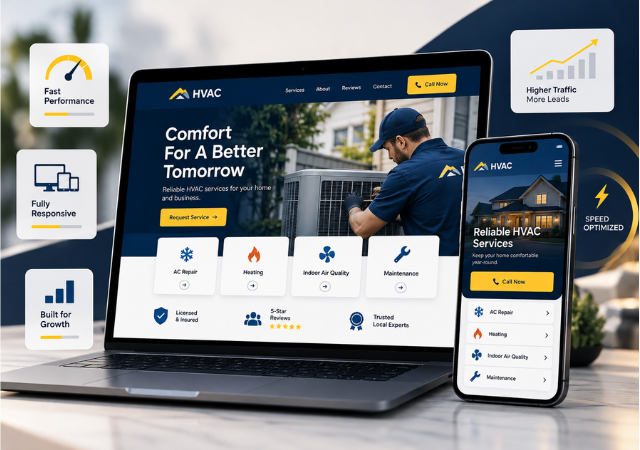 HVAC website design mockup showing a fast, mobile-friendly website on laptop and smartphone with service pages, strong call-to-action buttons, and performance-focused features.